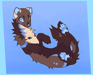 blue_background blue_body blue_eyes blue_fur blue_pawpads brown_body brown_fur feral fur lying on_back pawpads simple_background solo tan_body tan_fur wiggle vinqock hawkpool gulonine mammal marten mustelid musteline pine_marten 2026 animated nonbinary_(lore)