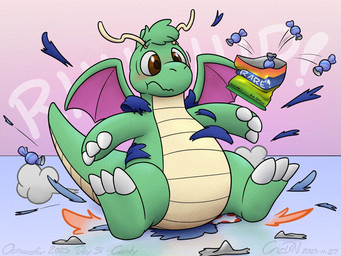 after_transformation air_puff ambiguous_gender blue_clothing blush bottomwear brown_eyes candy candy_bag claws clothing dessert dragon_wings feral finger_claws food gradient_background green_body head_tuft onomatopoeia polka_dot_underwear rare_candy scales simple_background sitting sitting_on_ground solo sound_effects text toe_claws torn_bottomwear torn_clothing tuft ventral_scales white_sclera crizbn nintendo pokemon dragonite generation_1_pokemon pokemon_(species) shiny_pokemon 2025 4:3 hi_res