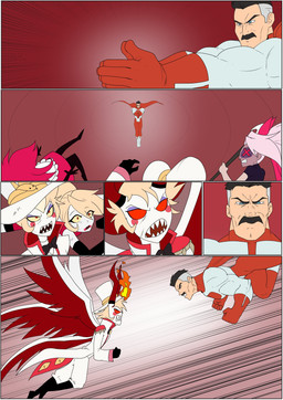 angry female fight flying frown male open_mouth red_eyes simple_background kato777 hazbin_hotel hellaverse image_comics invincible_(image_comics) charlie_morningstar lucifer_(hazbin_hotel) niffty_(hazbin_hotel) omni-man vaggi_(hazbin_hotel) demon humanoid viltrumite absurd_res comic hi_res