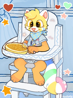 ambiguous_gender anthro bib clothed clothing cutlery food fur furniture heart_symbol kerchief kitchen_utensils markings neckerchief neckwear neonate onesie orange_body orange_fur pink_nose shirt sitting smile solo star striped_markings striped_tail stripes tail tail_markings tools topwear white_body window yellow_body yellow_fur young young_anthro freudcore bluey_(series) ailurid mammal red_panda 2024 digital_drawing_(artwork) digital_media_(artwork)