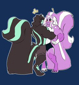 4_toes 5_fingers anthro big_tail biped black_body black_fur black_hair black_sclera blue_eyes blush blush_lines bottomwear clothed clothing duo emanata exclamation_point eye_contact eye_through_hair feet fingers fluffy fluffy_tail fur gloves_(marking) green_body green_eyes green_fur green_highlights grey_bottomwear grey_clothing grey_shorts hair highlights_(coloring) looking_at_another male male/male markings multicolored_body multicolored_fur muscular muscular_anthro muscular_male muscular_on_muscular outline pink_nose purple_body purple_fur shorts simple_background smile smirk tail toes topless topless_anthro topless_male translucent translucent_hair transparent_background two_tone_body two_tone_fur white_body white_fur white_hair white_outline rtf-m minty_(end_of_et3rnity) nakil_(nakil) mammal mephitid skunk 2025 alpha_channel digital_drawing_(artwork) digital_media_(artwork) flat_colors hi_res