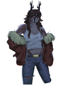 anthro antlers belt black_antlers bottomwear breasts brown_body brown_fur brown_hair clothed clothed_anthro clothed_female clothing coat crotch_lines denim denim_bottomwear denim_clothing female freckled_face freckled_shoulders freckles front_view fully_clothed fully_clothed_anthro fully_clothed_female fur hair horn jeans midriff open_clothing open_coat open_topwear pants shirt simple_background solo standing tank_top topwear artemyx deltarune undertale_(series) dess_holiday deer mammal new_world_deer reindeer hi_res