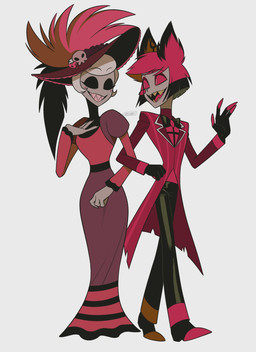 antlers clothing dress duo eyewear female grey_background hat headgear headwear horn male monocle simple_background enaic31 hazbin_hotel hellaverse alastor_(hazbin_hotel) rosie_(hazbin_hotel) animal_humanoid deer deer_humanoid demon demon_humanoid humanoid mammal mammal_humanoid absurd_res hi_res