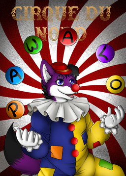 anthro badge circus clown clown_nose floppy_ears fur juggling male purple_body purple_fur red_nose solo asmodinara nordicfuzzcon pawalo canid canine canis domestic_dog elkhound mammal norwegian_elkhound spitz hi_res