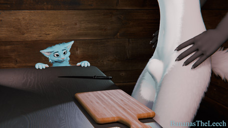 animal_genitalia animal_penis anthro balls bedroom_eyes blue_body blue_fur bouncing_balls cutting_board duo ear_flick ears_up female flaccid fully_sheathed fur furniture genitals gloves_(marking) green_eyes grey_body grey_fur imminent_castration knife male male/female markings multicolored_body multicolored_fur narrowed_eyes penis pink_nose seductive sheath smile table white_body white_fur wide_eyed bananastheleech maxnoward_(modeler) ruaidri_(modeler) foepaws kraft_trio canid canine felid feline fox mammal 3d_(artwork) 3d_animation animated digital_media_(artwork)