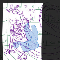 anthro aroused balls big_balls big_bulge big_penis bottomwear bulge clothing erection genitals happy leg_over_head leggings legwear locker_room male pants penis playful public solo spread_legs spreading stretching stretching_legs stretchy_fabric tenting tight_bottomwear tight_clothing tight_pants conditional_dnp samagthrav2 laceym sergal 1:1 hi_res