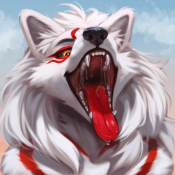 anthro bodily_fluids female fur mouth_shot open_mouth saliva solo teeth tongue tongue_out uvula white_body white_fur flopflopps capcom okami_(capcom) amaterasu_(mythology) amaterasu_(okami) okami_wolf canid canine deity mammal 1:1 hi_res
