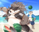 anthro beach belly bottomwear clothing duo food fruit fur grey_body grey_fur hair hat headgear headwear humor imminent_pain long_hair male melon musclegut muscular pecs plant ponytail seaside shorts slashing swimwear visor_cap watermelon sora_idiotka lifewonders tokyo_afterschool_summoners moritaka_(tas) shino_(tas) canid canine canis domestic_dog mammal hi_res