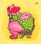 anthro big_butt big_legs bracelet breasts butt butt_cleavage chair cleavage clothed clothing feet female female_anthro footwear furniture hair huge_butt jewelry nails on_chair overweight partially_clothed pink_body pink_hair polka_dot_legwear sandals shoes side_view simple_background sitting sitting_on_chair solo thick_calves thick_thighs thong toony underwear dyna_soar petunia_(dyna_soar) animal_humanoid avian avian_humanoid bird bird_humanoid humanoid digital_media_(artwork) hi_res