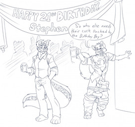 4_toes alcohol animal_genitalia animal_penis anthro balls banner barefoot beverage birthday bodily_fluids bottomwear bottomwear_down bulge canine_genitalia canine_penis clothed clothing detailed_bulge dialogue drunk duo erection feet genital_fluids genital_outline genitals knot male male/male open_clothing open_mouth open_shirt open_topwear pants pants_down partially_clothed party penis penis_outline precum public shirt speech_bubble substance_intoxication tail text toes topwear underwear underwear_down wolfblade cam_collins stephen_(twincash) canid canine canis domestic_dog mammal wolf black_and_white english_text hi_res monochrome