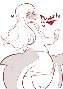 anthro breasts butt cellphone electronics female hair heart_symbol hi_chocoart long_hair medium_breasts office_clothing phone shark_tail shark_teeth simple_background smile smiling_at_viewer solo white_background daniela_sanchez aquatic fish shark absurd_res hi_res unfinished trans_(lore) trans_woman_(lore)
