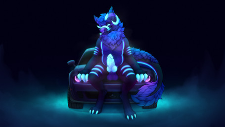 anthro balls black_body blue_body blue_fur bodily_fluids claws facial_piercing fur genitals glowing glowing_eyes glowing_genitalia glowing_horn glowing_markings glowing_mouth glowing_penis horn knot knotted_penis looking_at_viewer male markings musk musky_balls musky_penis nose_piercing nose_ring nude outside penis piercing ring_piercing sitting sitting_on_car slightly_chubby smile smirk solo sweat sweaty_balls sweaty_genitalia tail tongue tongue_out zegzagun spark_(kkannonball) wickerbeast 16:9 absurd_res hi_res widescreen