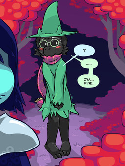 3_toes anthro armor black_body black_fur blue_body blue_hair blue_skin blush bottomless clothed clothing desperation dialogue duo eyewear feet foreshortening forest fur glasses grass green_clothing green_hat green_headwear green_robe hair hat headgear headwear holding_crotch knock-kneed looking_aside male motion_lines no_underwear omorashi outside pauldron pigeon_toed plant potty_dance red_scarf robe scarf shrub solo_focus speech_bubble standing text toes tree witch_hat conditional_dnp grumpyvulpix deltarune undertale_(series) kris_dreemurr ralsei bovid caprine darkner goat human mammal 2018 3:4 digital_media_(artwork) english_text watermark