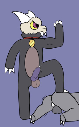 anthro balls bodily_fluids bone broken_horn claws collar cum duo erection flexing flexing_bicep fur genital_fluids genitals horn male male/male nude penis simple_background skull skull_head teeth yellow_sclera young young_anthro anonymous_artist disney the_owl_house king_clawthorne canid canid_demon canine demon mammal titan_(the_owl_house) absurd_res hi_res