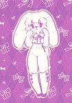 anthro bottomless clothed clothing female knee_highs legwear naturally_censored outline pink_background pink_lines ribbons simple_background solo yellow_outline citrus_fossil lagomorph leporid mammal rabbit hi_res line_art pink_theme restricted_palette