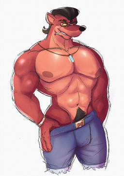 anthro belt_buckle biceps body_hair bottomwear bracelet brown_body brown_fur buckle cigarette clothed clothing denim denim_bottomwear denim_clothing denim_shorts eyebrow_scar eyebrows facial_scar fur happy_trail jewelry male muscular muscular_anthro muscular_male necklace nipples pants pecs pompadour pubes scar shorts simple_background smile smug solo thumb_in_waistband topless topless_male white_background yellow_sclera unrealrui activision crash_bandicoot_(series) pinstripe_potoroo macropod mammal marsupial potoroo absurd_res hi_res