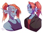 anthro blue_body blue_skin clothing eye_patch eyewear female fin gills hair jacket red_clothing red_hair red_shirt red_topwear shirt simple_background solo tank_top topwear yellow_sclera ground-lion undertale_(series) undyne fish marine