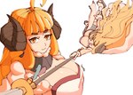 2024 2_horns 3amsoda ahoge anila_(granblue) animal_humanoid big_breasts blonde_hair bovid bovid_humanoid breasts caprine caprine_humanoid cleavage clothed clothing curved_horn cygames eyebrows eyelashes eyes_closed face-framing_tendrils falling female footwear granblue_fantasy hair hi_res holding_object holding_weapon horn humanoid long_hair lying mammal mammal_humanoid melee_weapon neck_gaiter neckwear on_side orange_eyes sandals sheep_humanoid shoes signature simple_background smile solo sword tongue tongue_out weapon white_background