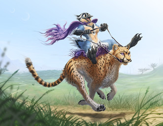 ambiguous_gender anthro beak black_body black_fur blue_body blue_feathers breasts cape claws cloak clothing duo feathers female feral fur grass non-mammal_breasts nude open_mouth orange_body orange_feathers outside path pawpads plant purple_eyes reins riding riding_on_back running straddling tail teeth white_body white_feathers white_fur yellow_body yellow_eyes yellow_fur acidapluvia fuzzball_(byzil) avian bird cheetah felid feline mammal 2014