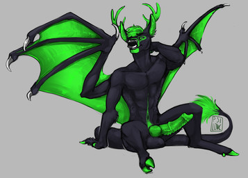 abs anthro antlers black_body black_fur cloven_hooves erection facial_piercing fur genitals green_body green_eyes green_fur green_hair green_penis hair hand_behind_head hooves horn hybrid_genitalia hybrid_penis knot knotted_penis male male_anthro medial_ring membrane_(anatomy) membranous_wings muscular muscular_anthro muscular_male nose_piercing nose_ring nude nude_anthro nude_male pecs penile_spines penis piercing ring_piercing simple_background solo spread_legs spreading tail tail_tuft tapering_tail teeth tuft wings i-psilone mythology wolvessoulz deer dragon hybrid mammal mythological_creature mythological_scalie scalie 2017