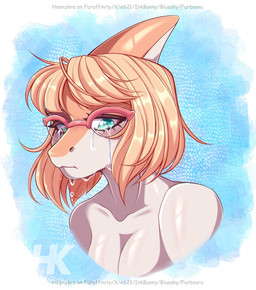 anthro biped blonde_hair bodily_fluids bone_frill breasts crying eyelashes eyewear female frill_(anatomy) frown glasses glistening glistening_body green_eyes hair medium_hair multicolored_body multicolored_scales non-mammal_breasts orange_body orange_scales round_glasses sad scales simple_background solo teardrop tears text two_tone_body two_tone_scales white_body white_scales heenzkra goodbye_volcano_high ko_op_(game_developer) naomi_(gvh) dinosaur hadrosaurid ornithischian ornithopod parasaurolophus prehistoric_species reptile scalie artist_name bust_portrait colored hi_res portrait shaded