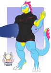 anthro blue_body bulge clothed clothing detailed_bulge male muscular muscular_male pecs solo standing surfboard swimwear tight_clothing 1ceberg eel fish marine absurd_res hi_res