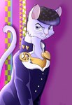 accessory clothed clothing ears_up eyebrows feral fur hair heart_symbol looking_aside male mouth_closed peace_symbol pin_accessory raised_eyebrow raised_tail sitting smile smirk solo tail whiskers jimfoxx jojo's_bizarre_adventure josuke_higashikata domestic_cat felid feline felis mammal 2016 hi_res