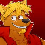 anthro beard black_nose blonde_hair brown_body brown_fur chest_tuft clothing collarbone facial_hair fur gradient_background hair looking_aside male outline red_background red_eyes short_hair simple_background smile solo teeth topwear tuft vest vasuki jaryl_(character) canid canine canis mammal wolf 1:1