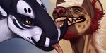 2:1 anthro beard black_sclera black_teeth blep brown_body brown_fur cheek_tuft duo facial_hair facial_spots facial_tuft fur glistening glistening_eyes goatee green_eyes hair hyena inner_ear_fluff licking licking_another male mammal mouth_closed narrowed_eyes open_mouth red_beard red_facial_hair red_inner_ear_fluff red_nose red_tongue riorix simple_background spotted_face spotted_neck tan_body tan_fur tan_teeth teeth tongue tongue_out tuft tusks unsigned white_body white_fur white_hair yellow_eyes