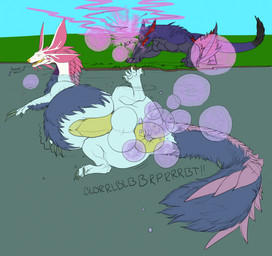 ambiguous_gender animal_genitalia anus balls big_anus claws duo erection fart fart_bubbles fart_cloud fart_fetish fart_inflation faux_gaping feral fur genitals grey_claws inflation male male/ambiguous penis pink_body pink_fur puffy_anus purple_body purple_fart_cloud purple_fur sheath white_body white_fur yellow_anus yellow_penis aetherxov capcom monster_hunter flying_wyvern leviathan_(mh) mizutsune nargacuga hi_res