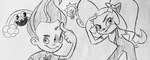 anthro duo female light_bulb male male/female rainbow supermilobros activision crash_bandicoot_(series) nickelodeon the_adventures_of_jimmy_neutron:_boy_genius chica's_magic_rainbow_(character) coco_bandicoot jimmy_neutron_(character) human mammal crossover hi_res monochrome traditional_media_(artwork)