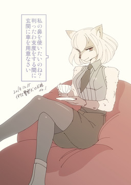 anthro arm_tuft beverage bottomwear clothed clothed_female clothing collared_shirt container crossed_legs cup exposed_shoulder female fur gloves hair handwear holding_container holding_cup holding_object holding_tea_cup inner_ear_fluff legwear looking_at_viewer multicolored_body multicolored_fur necktie neckwear shirt shoulder_tuft simple_background sitting skirt sleeveless_shirt sleeveless_topwear smile solo speech_bubble stockings tea tea_cup text topwear tuft two_tone_body two_tone_fur white_background white_hair kobe_masahiko canid canine mammal 2014 japanese_text translated