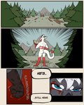 abs angry anthro blue_eyes book clothing duo fist forked_tail fur gloves grey_body grey_fur hair handwear male multicolored_body multicolored_fur nude reading standing tail text unusual_anatomy unusual_tail white_hair 60percentscalie dovak vauruk avian bat bird demon mammal comic english_text hi_res