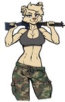 anthro biped black_nails bottomwear bra breasts bulge camo camo_bottomwear camo_clothing camo_pants camo_print clothing colored_nails detailed_bulge ear_piercing ear_ring erection erection_under_clothing eye_scar eyebrow_piercing facial_piercing facial_scar floppy_ears fur genital_outline grey_eyes gun gynomorph gynomorph_anthro hair holding_gun holding_object holding_ranged_weapon holding_weapon industrial_piercing intersex intersex_anthro looking_at_viewer makeup mascara nails navel navel_piercing pants pattern_bottomwear pattern_clothing pattern_pants penis_outline piercing ranged_weapon ring_piercing scar short_hair smile smiling_at_viewer solo sports_bra tan_body tan_fur tan_hair underwear weapon wide_hips f4ephantomii billie_jo_(satanicwolfluna) canid canine canis domestic_dog mammal mixed_breed pomsky 2024 trans_(lore) trans_woman_(lore)