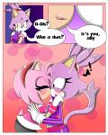 anthro big_eyes blush breasts clothed clothing dialogue duo female female/female fur gloves hair handwear kiss_on_lips kissing pink_body pink_fur pink_hair purple_body purple_fur simple_background surprise surprise_kiss text toony yellow_eyes sandunky sega sonic_the_hedgehog_(series) amy_rose blaze_the_cat domestic_cat eulipotyphlan felid feline felis hedgehog mammal 4:5 absurd_res comic english_text hi_res