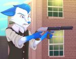 5_fingers angry anthro blood blood_on_face blood_on_mouth bloodshot_eyes blue_body blue_eyes blue_fur blue_hair blue_nose bodily_fluids building cheek_tuft clenched_teeth clothed clothing cloud day detailed_background dual_wielding eyebrows facial_tuft fingers fur gloves_(marking) gun hair handgun holding_gun holding_handgun holding_object holding_pistol holding_ranged_weapon holding_weapon ill male markings multicolored_body multicolored_fur nosebleed outside pistol ranged_weapon shirt short_hair sky solo teeth topwear tuberculosis tuft two_tone_body two_tone_fur vest weapon western white_body white_fur damian5320 aero_(aero-foxy) arctic_fox canid canine fox mammal true_fox 2019 absurd_res hi_res