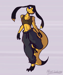 3_fingers 3_toes anthro blue_eyes clothing crop_top feet female fingers long_ears long_tail looking_away on_one_leg one_eye_closed shirt solo standing tail toes topwear yellow_body yellow_skin abonzabay nintendo pokemon generation_6_pokemon helioptile lizard pokemon_(species) reptile scalie hi_res