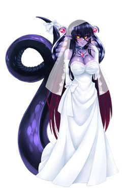 accessory apode black_sclera blush bow_(feature) bow_accessory bow_ribbon breasts bride cleavage clothed clothing dress female furgonomics hair humanoid_pointy_ears jewelry legless long_hair monster_girl_(genre) necklace pointy_ears pupils purple_body purple_skin ribbons ring serpentine simple_background slit_pupils smile solo split_form tail tail_accessory tail_bow tail_ribbon wedding_dress white_background yellow_eyes twrlare monster_girl_encyclopedia apophis_(mge) draconcopode lamia reptile scalie snake 2017 hi_res