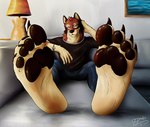 4_toes anthro big_feet black_clothing black_shirt black_topwear bottomwear claws clothed clothing denim denim_bottomwear denim_clothing feet foot_focus fully_clothed furniture hand_behind_head inside jeans looking_at_viewer male pants pawpads shirt sofa soles solo toe_claws toes topwear ozomatli canid canine canis mammal red_wolf wolf hi_res