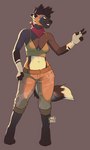 4_toes 5_fingers anthro breasts clothed clothing feet female fingers fur hair handwear legwear navel open_mouth smile solo spread_legs spreading toes topwear junebuq canid canine mammal 2022 artist_name digital_media_(artwork)