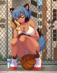 anthro ball basketball_(ball) big_breasts blue_body blue_bottomwear blue_clothing blue_eyes blue_hair blue_shorts blush bodily_fluids bottomwear breasts brown_body brown_fur clothed clothing crop_top dipstick_hair dipstick_tail female fingers fluffy fur glistening glistening_body glistening_breasts gloves_(marking) hair looking_at_viewer markings shirt shorts side_boob sitting sitting_on_ball solo sweat tail tail_markings topwear tuft white_clothing white_topwear son2j brand_new_animal netflix studio_trigger michiru_kagemori canid canine mammal raccoon_dog tanuki 2023 absurd_res hi_res