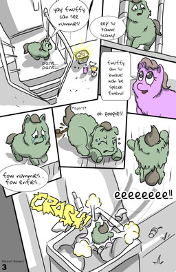 acrophobia alcohol_bottle ambiguous_feral ambiguous_gender baby_talk bag beverage_bottle bodily_fluids bottle breath container crying dialogue door eyelashes eyes_closed falling feces female female_feral feral fur green_body green_fur grey_hair grey_tail group hair high-angle_view jumping looking_up_at_another panting perspective pink_body pink_fur pooping scared screaming sound_effects sparkles sparkling_eyes speech_bubble standing tail tears text trash trash_bag trash_can young young_ambiguous young_feral carpdime fluffy_pony fluffy_pony_(species) mammal comic digital_media_(artwork) english_text hi_res partially_colored shaded