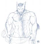 anthro biceps big_muscles biped body_hair facial_hair hair male muscular muscular_anthro muscular_male nude simple_background smile solo towel towel_around_waist towel_only white_background spelunker_sal bandai_namco digimon roommates_(comic) mondo_cruz digimon_(species) felid leomon mammal 2011