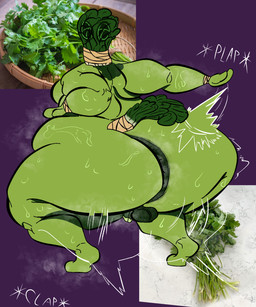 anus_peek belly big_belly big_breasts bodily_fluids breasts butt butt_slap clapping genitals green_body male not_furry obese obese_male overweight overweight_male penis plap_(sound) shaking_butt slap small_penis solo sweat sweatdrop sweaty_butt sweaty_genitalia mommydkg culantro humanoid absurd_res hi_res