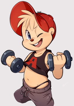 4_fingers anthro black_clothing black_topwear black_underwear blue_eyes bottomwear clothed clothing exercise fingers hair headgear headwear male midriff navel one_eye_closed pink_tongue red_clothing red_headwear red_topwear solo teeth tongue topwear underwear young young_anthro young_male dandi alvin_and_the_chipmunks alvin_and_the_chipmunks_(1983) alvin_seville chipmunk ground_squirrel mammal rodent sciurid hi_res