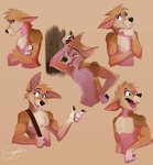 anthro black_nose brown_background cheek_tuft chest_tuft crossed_arms facial_tuft fangs head_tuft inner_ear_fluff male multiple_poses open_mouth open_smile pawpads pose simple_background smile solo teeth tongue tuft streetfair canid canine canis coyote mammal 2019