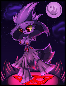 big_breasts big_eyes black_border border breasts clothing dark detailed_background eyelashes female magic_user moon night not_furry nude red_eyes witch yellow_sclera warlocke nintendo pokemon generation_4_pokemon ghost humanoid mismagius pokemon_(species) spirit 2019 absurd_res digital_media_(artwork) hi_res