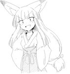 :d asian_clothing bottomwear clothed clothing dipstick_ears ear_markings east_asian_clothing fangs female hair hakama inner_ear_fluff japanese_clothing long_hair multicolored_ears open_mouth ponytail shrine_maiden smile solo teeth tuft sakifox kitsunemiko animal_humanoid canid canid_humanoid canine canine_humanoid fox_humanoid humanoid mammal mammal_humanoid monochrome