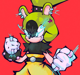 5_fingers anthro black_clothing black_nose black_shirt black_topwear blue_eyes bottomwear bracelet clothed clothed_anthro clothed_female clothing cross-popping_vein ear_piercing female female_anthro fingers fist front_view gloves glowing glowing_eyes green_ears green_hair grin hair handwear jewelry light_body light_inner_ear light_skin pants piercing ponytail red_background sharp_teeth shirt simple_background smile solo studded_bracelet studded_jewelry studs teeth topwear white_clothing white_gloves white_handwear yellow_bottomwear yellow_clothing yellow_pants jublee idw_publishing sega sonic_the_hedgehog_(comics) sonic_the_hedgehog_(idw) sonic_the_hedgehog_(series) surge_the_tenrec afrosoricid mammal tenrec 2022 digital_media_(artwork) half-length_portrait portrait