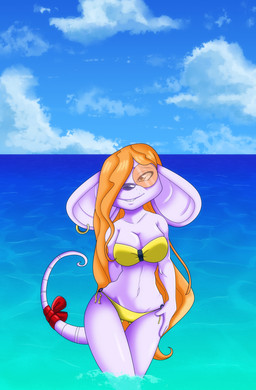accessory anthro bikini bow_(feature) bow_accessory bow_ribbon clothed clothing ear_piercing eyewear female fur furgonomics glasses hair long_hair midriff navel orange_body orange_fur orange_hair piercing ribbons seaside solo swimwear tail tail_accessory tail_bow tail_ribbon teeth two-piece_swimsuit water wet unknown_artist sly_cooper_(series) sony_corporation sony_interactive_entertainment sucker_punch_productions penelope_(sly_cooper) mammal mouse murid murine rodent hi_res